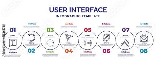 infographic template with icons and 8 options or steps. infographic for user interface concept. included text box, update arrows, direct selection, , no protection, up chevron, unread mail icons.