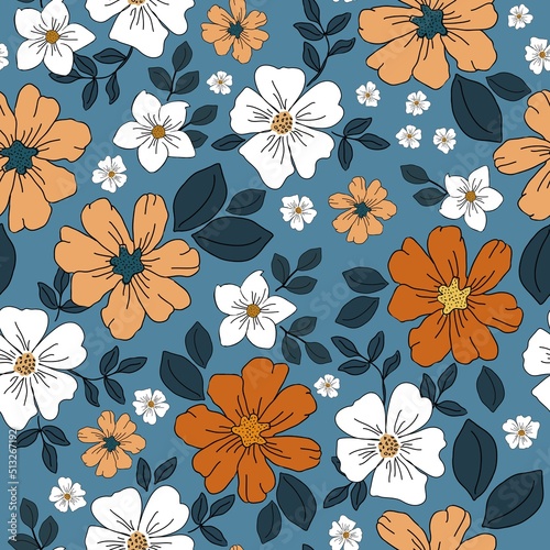 Simple vintage pattern. Wonderful white and orange flowers  dark blue leaves  black outline. Blue background. Fashionable print for textiles and wallpaper.