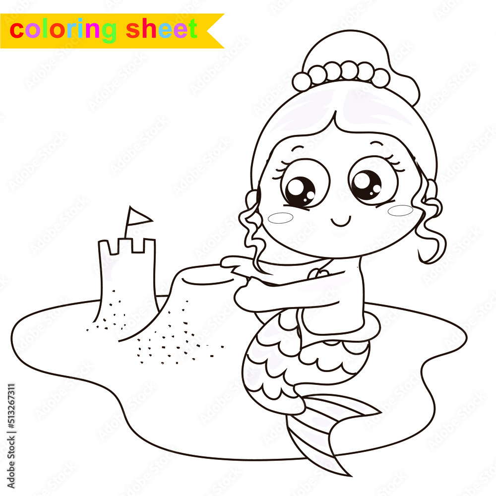 Cute mermaid princess. Coloring book. The Little Mermaid. A magical