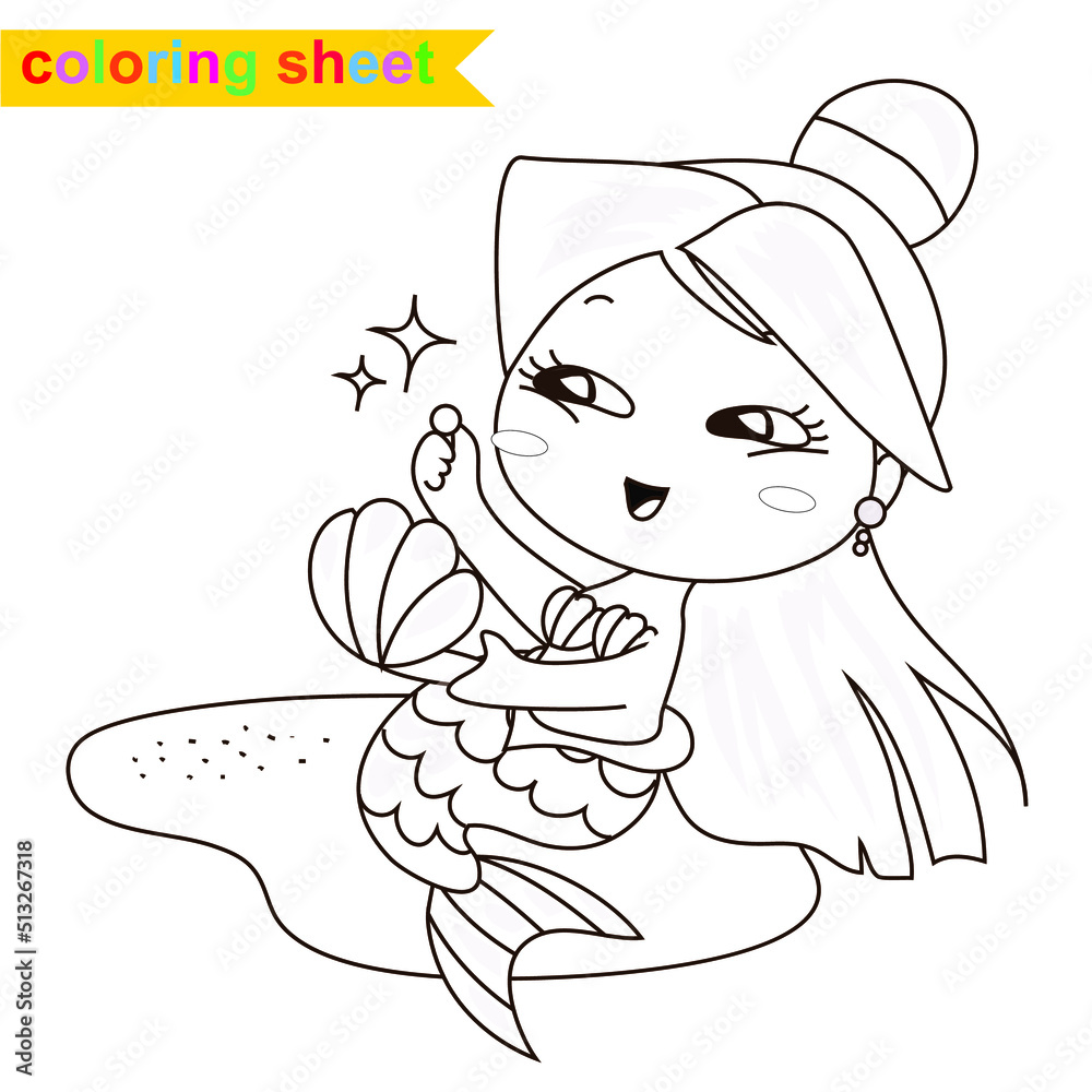Cute mermaid princess. Coloring book. The Little Mermaid. A magical
