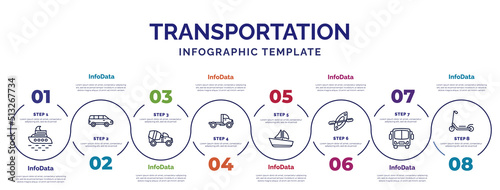 infographic template with icons and 8 options or steps. infographic for transportation concept. included yacht, cement truck, truck, sailboat, kayak, bus, scooter icons.
