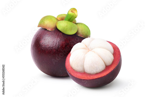Mangosteen with cut in half isolated on white background. Clipping path.