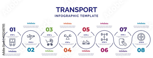infographic template with icons and 8 options or steps. infographic for transport concept. included public transportation, baby trolley, stability, go kart, chassis, hands free device, slim icons.