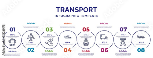 infographic template with icons and 8 options or steps. infographic for transport concept. included bus front with driver, flying airplane, yacht navigate, diesel train, heavy vehicle, lifter,