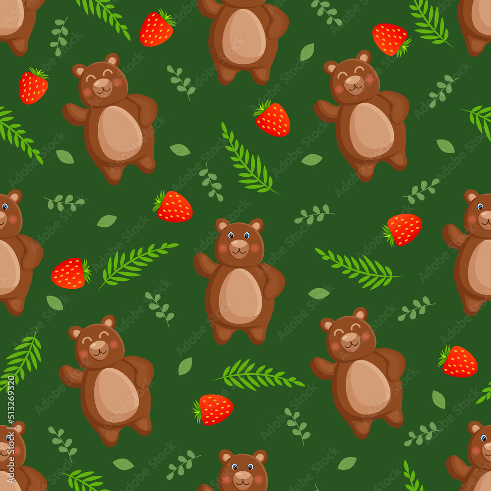 Seamless vector pattern with forest brown bear, strawberry leaves and berries. Vector illustration for fabric, texture, wallpaper, poster, postcard. Editable elements. Cartoon design.