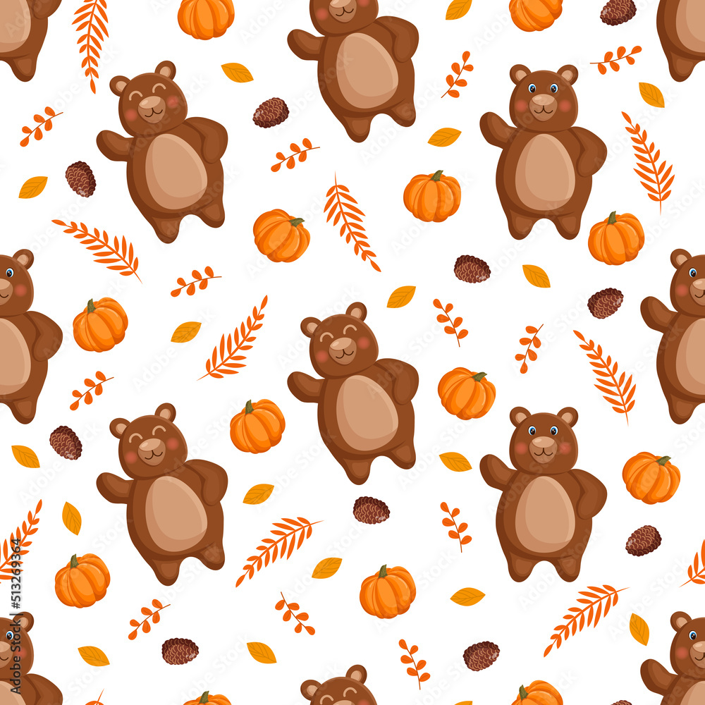 Seamless vector pattern with forest brown bears, pumpkins, leaves and fir cones. Vector illustration for fabric, texture, wallpaper, poster, postcard. Editable elements. Autumn design. Seamless vector pattern with forest brown bears, pumpkins, leaves and fir cones. Vector illustration for fabric, texture, wallpaper, poster, postcard. Editable elements. Autumn design.