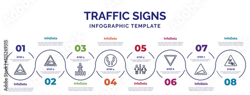 infographic template with icons and 8 options or steps. infographic for traffic signs concept. included hump or rough, zebra crossing, wide road, wc, yield, slope, slippery icons.