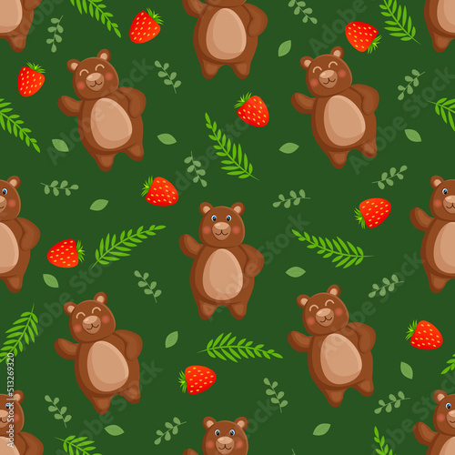 Seamless vector pattern with forest brown bear, strawberry leaves and berries. Vector illustration for fabric, texture, wallpaper, poster, postcard. Editable elements. Cartoon design. © Irina Anashkevich