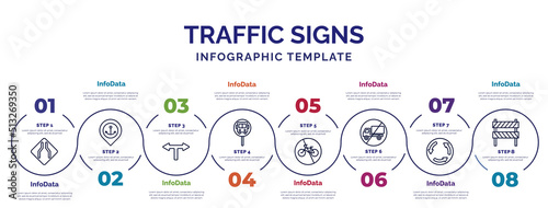 infographic template with icons and 8 options or steps. infographic for traffic signs concept. included narrow bridge, t junction, bus stop, no bicycle, no trucks, roundabout, barrier icons.