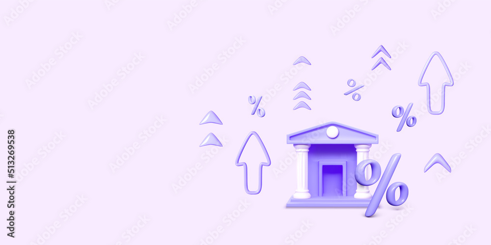 Bank building with percent rate up in 3D cartoon realistic style. Arrows rise above percentage symbol. Business banner or design element in purple color Bank building with percent rate up in 3D cartoon realistic style. Arrows rise above percentage symbol. Business banner or design element in purple color