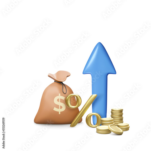 3D Gold Percent Sing with Money Bag and Coins Stack and Arrow Up in Cartoon Style. Growth of Savings in Bank Account. Success of Trading on Stock Exchange