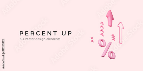 Percent up business banner in pink color. 3D interest rate growth with arrows. Percentage rise graph
