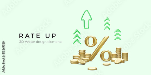 3D gold percent symbol with green arrows and gold coin stack in cartoon realistic style. Interest rate up and increase income