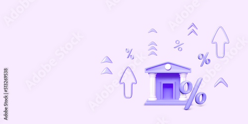 Bank building with percent rate up in 3D cartoon realistic style. Arrows rise above percentage symbol. Business banner or design element in purple color