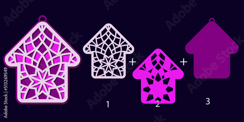 3D openwork Christmas house. Layered Christmas decoration. Paper craft