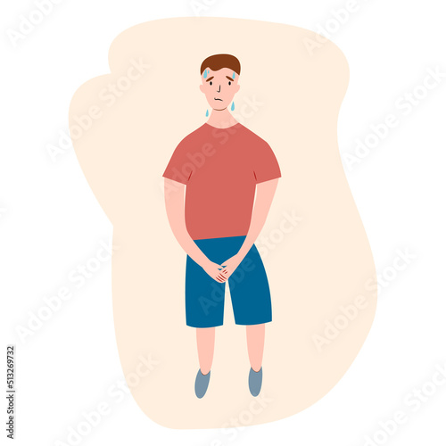 Urinary incontinence problem. Boy hands holding his crotch, male gender want to pee all the time. Vector illustration.