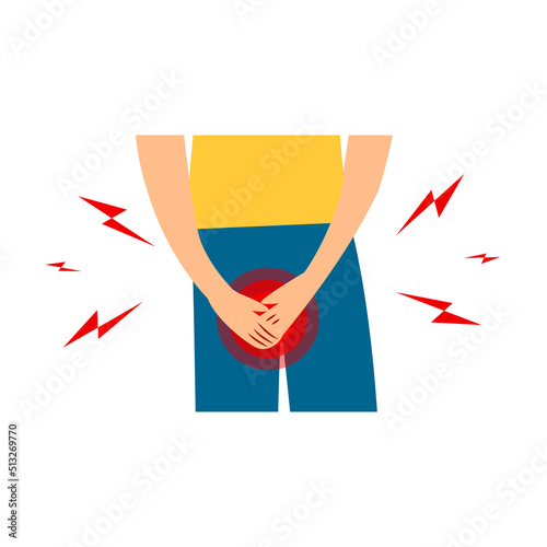 Urinary incontinence problem. Man hands holding his crotch, Male gender want to pee all the time. Isolated on white background. Vector illustration.
