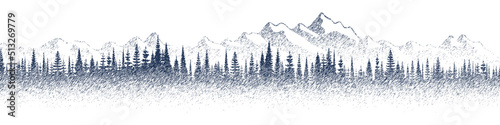 Mountains and forest, imitation of a pencil drawing, vector sketch, banner