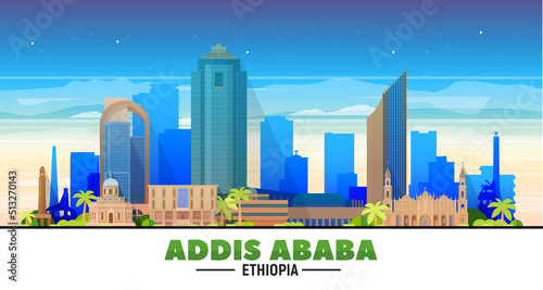 Addis Ababa ( Ethiopia ) city skyline at white background. Flat vector illustration. Business travel and tourism concept with modern buildings. Image for banner or web site.