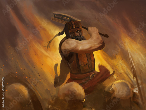 Fotografie A bearded berserker dwarf with two axes in a helmet fights with knights