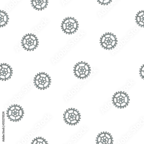 Hand-Drawn Steampunk Gear Transmission Element Seamless Pattern on White Background. Digital Paper with Metal Gear Illustration Drawn by Colored Pencil.
