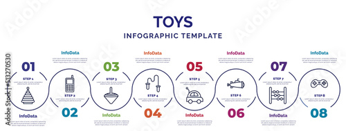 infographic template with icons and 8 options or steps. infographic for toys concept. included pyramid toy, spinning top toy, skipping rope toy, car submarine abacus gamepad icons.