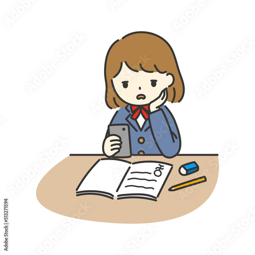 女子学生が勉強を怠けているイラスト