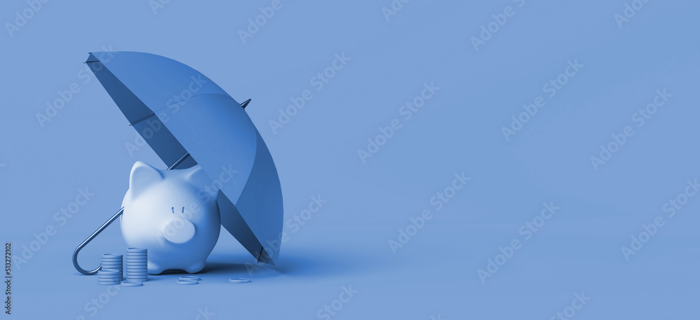 Piggy bank with coins under an umbrella. Copy space. 3D illustration.