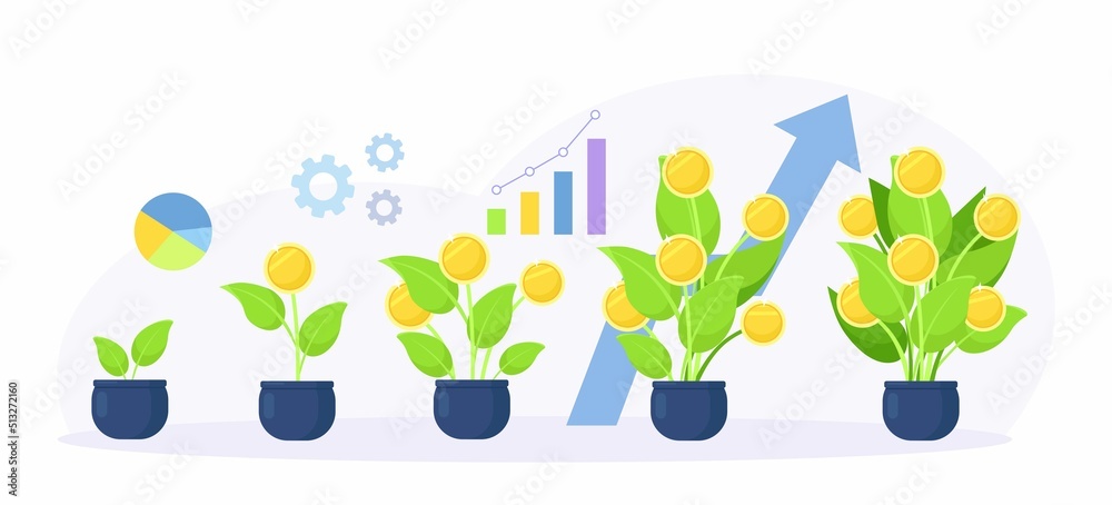 Stages of growing money tree in pot. Gold coins on branches. Finance ...