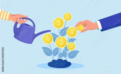 Man with Watering Can Pours on Money Tree with Golden Flowers Coins. Process of Growth Investitions. Profit, Prosperity, Business Success Results. Making Money by Investment, Financial Management.