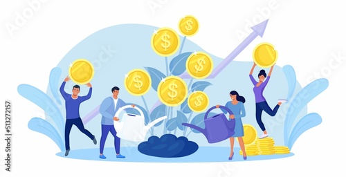 Woman and man watering money tree. Business people characters picking cash from money plants. Growing and making profit. Revenue and income metaphor. Financial growth, successful investment. Vector