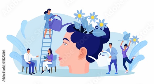 Mental health. Tiny people watering human head with flowers inside. Characters healing mind, soul for happy lifestyle. Psychology. Positive thinking, self care. Wellbeing, acceptance, blooming brain. 