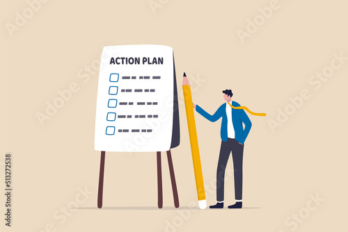 Action plan step by step checklist to progress and finish project, procedure or action steps to develop and complete work concept, businessman present action plan with checklist step on whiteboard. photo