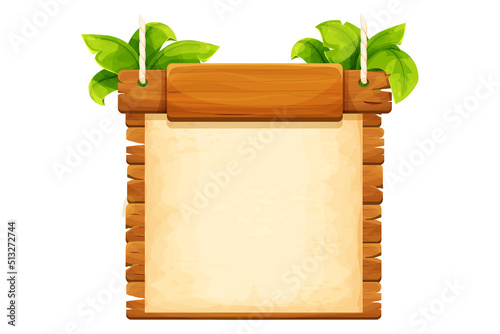Jungle frame with wooden planks, old paper, rope, decorated plants and leaves in comic cartoon style isolated on white background. Tribal, rural clip art. Ui game asset.