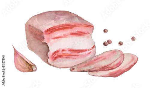 Pieces of salty high-fat meat cooked with spices. Salo, bacon, lard. Garlic, spices. photo