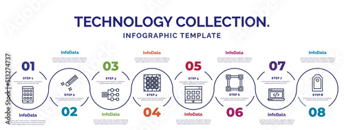 infographic template with icons and 8 options or steps. infographic for technology collection. concept. included native apps, sitemaps, raster images, web apps, , back end, attributes icons.