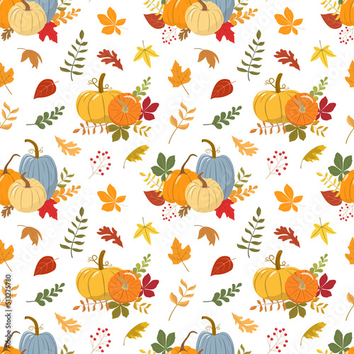 Autumn harvest festival vector seamless pattern with orange and yellow pumpkins, and color forest leaves. Isolated on white background. Autumn harvest illustration. Thanksgiving wallpaper.