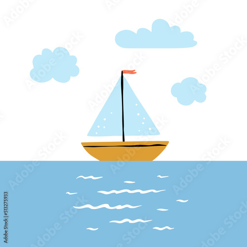Ship in the sea vector illustration. Little yacht cute clipart