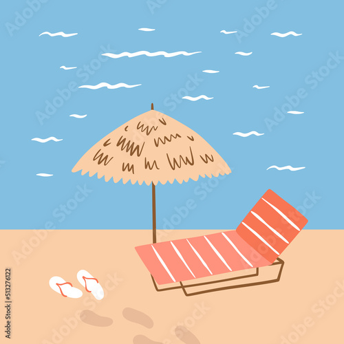 Beach deck chair. Beach chaise longue. Seaside illustration. Sea vacation concept. Vector beach scene. Summer clipart