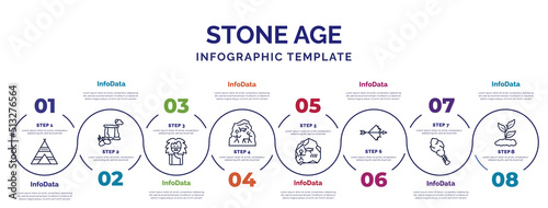 infographic template with icons and 8 options or steps. infographic for stone age concept. included tipi, troglodyte, cave painting, rock art, bow, cudgel, plant icons.