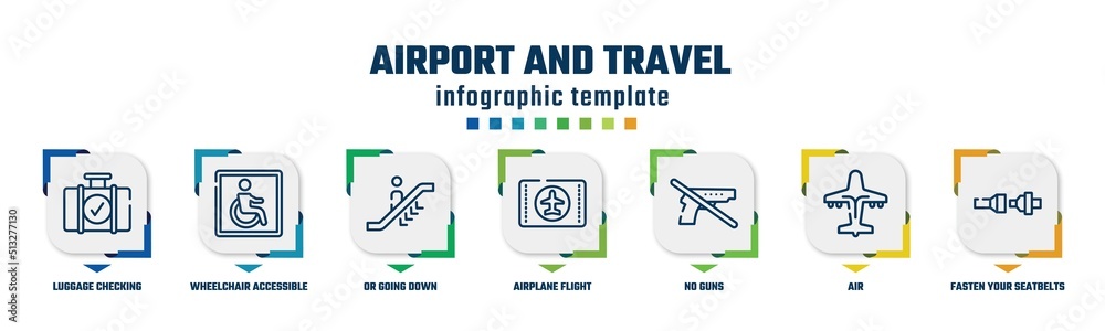 airport and travel concept infographic design template. included luggage checking, wheelchair accessible, or going down, airplane flight card, no guns, air, fasten your seatbelts icons and 7 option