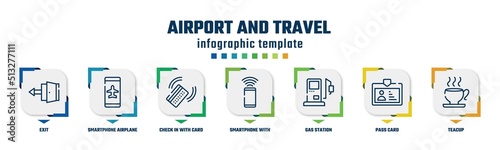 airport and travel concept infographic design template. included exit, smartphone airplane mode, check in with card, smartphone with wifi, gas station, pass card, teacup icons and 7 option or steps.