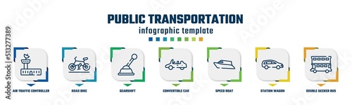 public transportation concept infographic design template. included air traffic controller, road bike, gearshift, convertible car, speed boat, station wagon, double decker bus icons and 7 option or