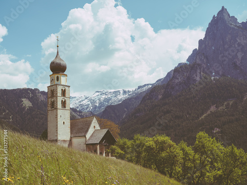 church in the mountains. the view from the top, the dolomites, italy