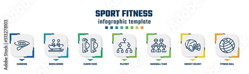 sport fitness concept infographic design template. included canoeing, bobsledding, elbow pads, playoff, baseball team, hockey helmet, fitness ball icons and 7 option or steps.