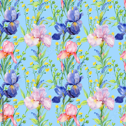 seamless pattern with iris flowers on a blue background for design and printing on textiles .Illustration in watercolor © mitrushova