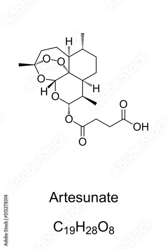 Artesunate, AS, chemical formula and structure. A medication to treat malaria. Developed from extract of sweet wormwood, Artemisia annua, the herb qinghao, employed in Traditional Chinese Medicine.