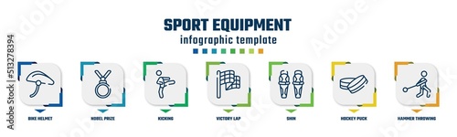 sport equipment concept infographic design template. included bike helmet, nobel prize, kicking, victory lap, shin, hockey puck, hammer throwing icons and 7 option or steps.