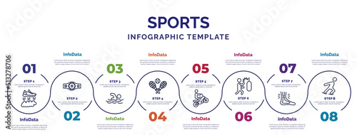 infographic template with icons and 8 options or steps. infographic for sports concept. included flying shoes, swimming figure, tennis game, motocross, man punching, sprained ankle, ice skating