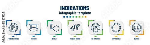 indications concept infographic design template. included p inside a circle, hanging, shield, flyover bridge, no littering, empty circle, swings icons and 7 option or steps.